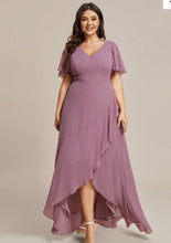 Load image into Gallery viewer, Plus V Neck High Low Ruffles Chiffon Wholesale Bridesmaid Dresses Size Uk 18/3XL