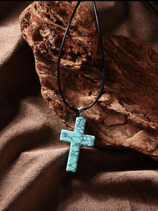 NATURAL STONE CROSS PENDANT NECKLACE 