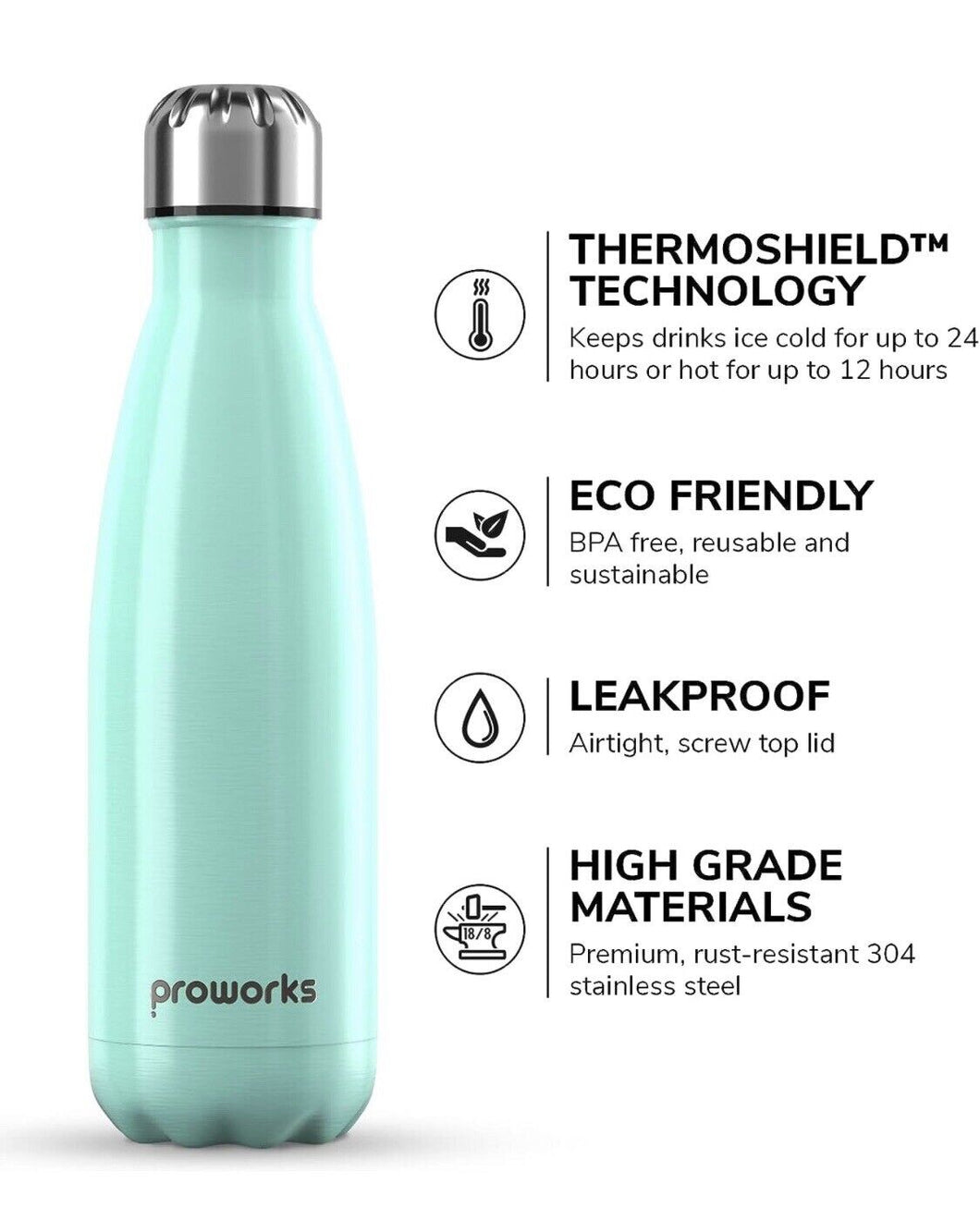 Proworks Water Bottle, Green Metal Water Bottle Great for Work, Gym, Travel