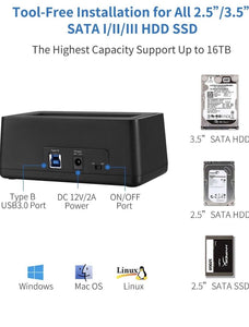Hard Drive Docking Station USB 3.0 to SATA HDD/SSD Enclosure AdapterFor 2.5&3.5”