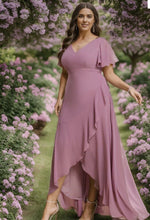 Load image into Gallery viewer, Plus V Neck High Low Ruffles Chiffon Wholesale Bridesmaid Dresses Size Uk 18/3XL